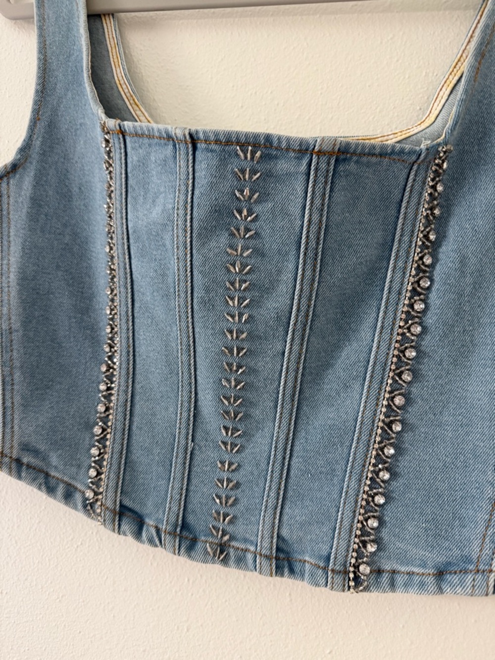 NWT POL Rhinestone Denim Corset Cropped Tank Top size Medium - Picture 5 of 11